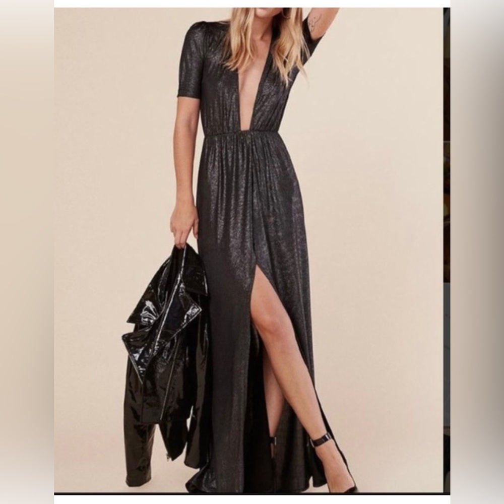 Reformation dark silver Adeline maxi deep V metallic maxi dress